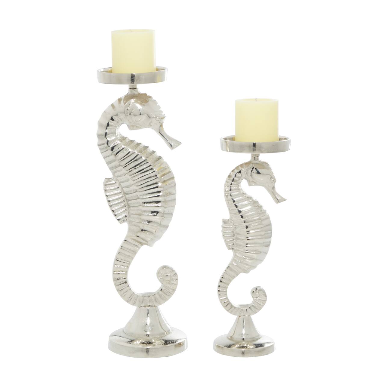 Silver Aluminum Coastal Seahorse Candle Holder Set